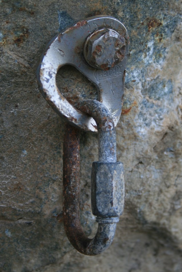 Cold and hard: A weathered bold and shackle. 