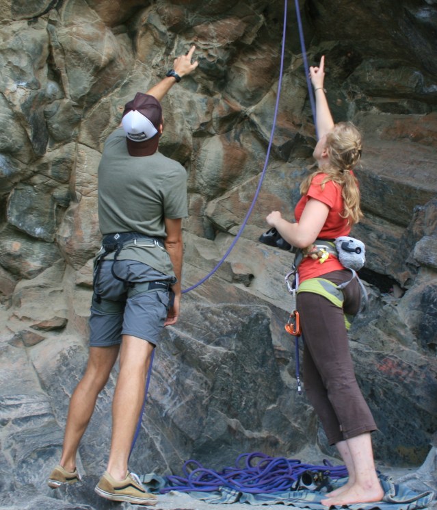 Aiming high: Nick Foster and Stefanie Wolf scout the route upwards.